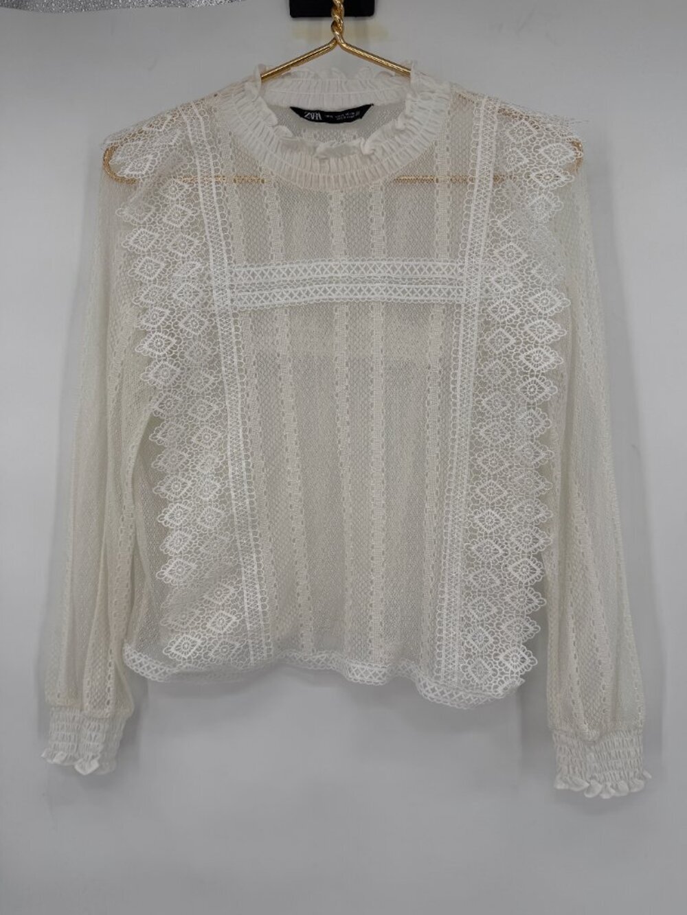 Zara Ivory Lace High Ruffle Neck Long Sleeve Cottagecore Blouse Women's XS